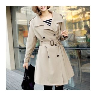 1ROA Epaulet Double-Breasted Trench Coat with Sash