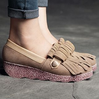 MIAOLV Genuine Suede Fringed Wedge Loafers