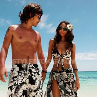 Sweet Splash Couple Set: Floral Bikini / Swim Shorts / Cover-Up