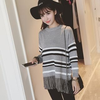 Colorful Shop Fringed-Hem Striped Basic Sweater