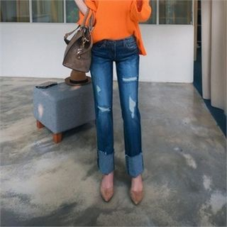 QNIGIRLS Distressed Straight-Cut Jeans