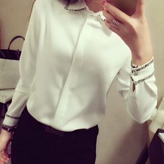 Athena Long-Sleeve Tweed-Trim Shirt