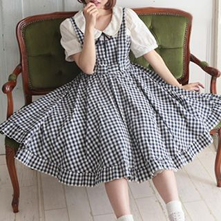Tanaka Short-Sleeve Check Mock Two Piece Dress