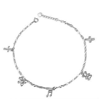 MaBelle 14K White Gold Diamond-Cut Cross, Dog, Bear & Music Note Charm Anklet / Bracelet (8'')
