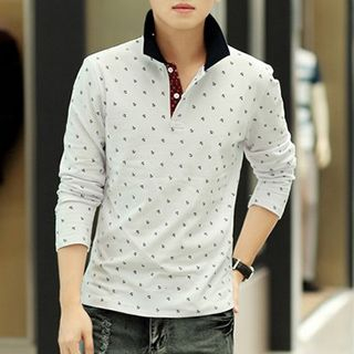 Hyung Anchor Print Long-Sleeve Polo Shirt