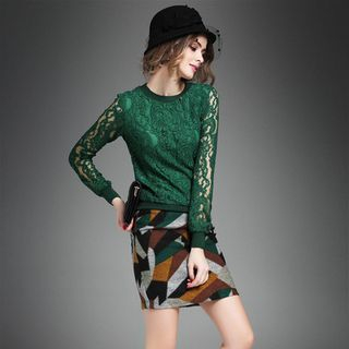 amorAdela Set: Lace Panel Pullover + Color Block Skirt