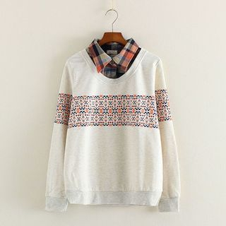 Mushi Inset Plaid Shirt Printed Pullover