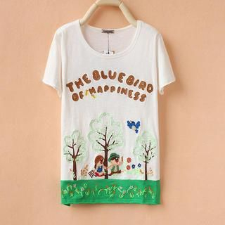 Cute Colors Short-Sleeve Appliqué Embroidered T-Shirt