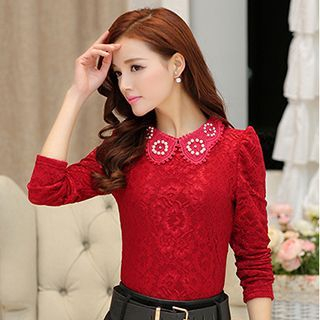 Lovebirds Long-Sleeve Embellished-Collar Lace Top