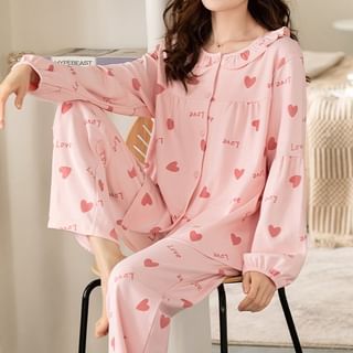 Loungewear Set : Long-Sleeve Heart Print Shirt + Pants