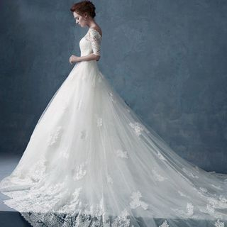 Shannair Off-Shoulder Lace Wedding Ball Gown with Train
