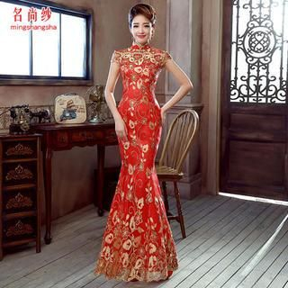 MSSBridal Embroidered Cap-Sleeve Wedding Gown Qipao