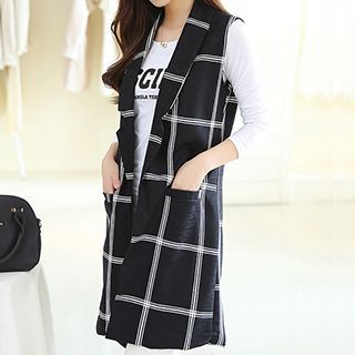 Emeline Check Sleeveless Long Blazer