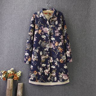 Blue Rose Flower Print Quilted Shirtdress