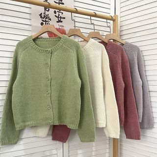 Crewneck Plain Button-Up Cardigan