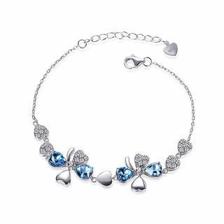 BELEC 925 Sterling Silver Four-leafed Clover Bracelet with Blue Swarovski Element Crystal