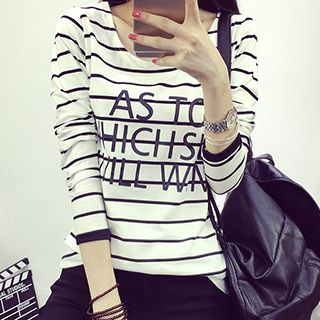 Fashion Street Long-Sleeve Stripe Letter T-shirt