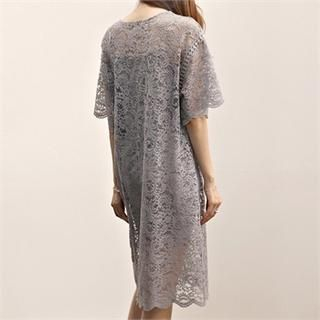 overlap Elbow-Sleeve Lace Dress