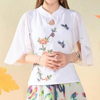 Sayumi Short-Sleeve Floral Embroidered Chiffon Top
