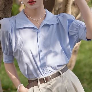 Puff Sleeve Collared Plain Blouse