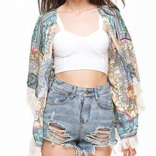 Chicsense Fringe Printed Cardigan