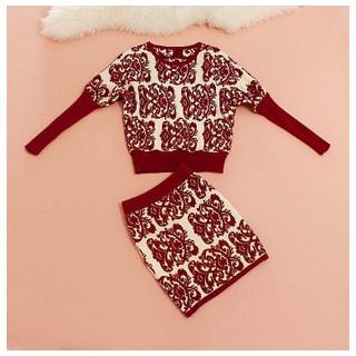 Daina Set: Long-Sleeve Patterned Knit Top + Knit Midi Skirt