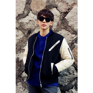 Ohkkage Faux-Leather Sleeve Color-Block Baseball Jacket