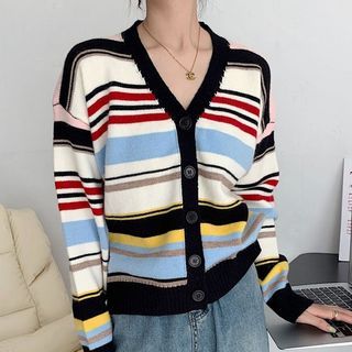 Long-Sleeve Striped Cardigan White - One Size