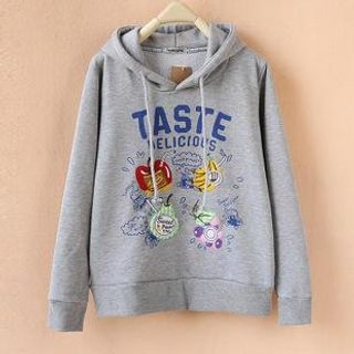 Cute Colors Lettering & Fruit Applique Hooded Pullover