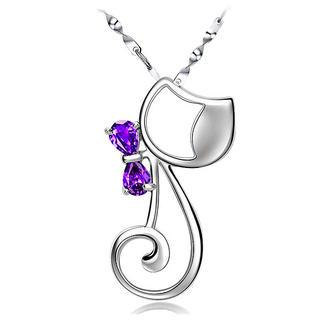BELEC 925 Sterling Silver Cute Kitten Pendant with Purple Crystal with 45cm Necklace