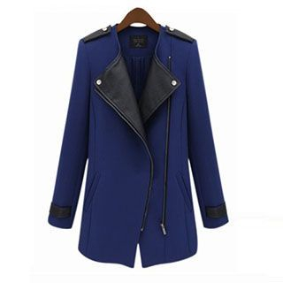 Neeya Faux-Leather Panel Diagonal-Zip Coat
