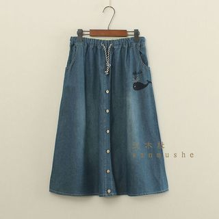 Mushi Embroidered Whale Button-front Denim Skirt