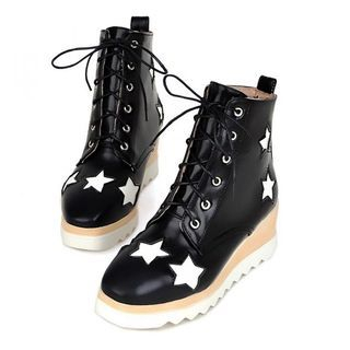 Pangmama Faux Leather Star Printed Lace Up Ankle Boots