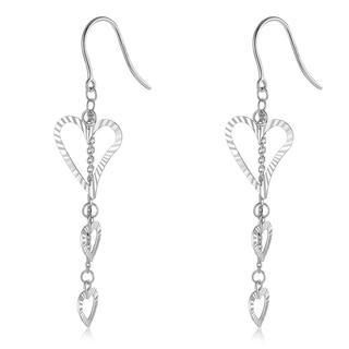 MaBelle 14K Italian White Gold Triple Diamond-Cut Hollow Hearts Shepherd Hook Earrings, Women Girl Jewelry in Gift Box