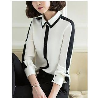 Dowisi Long-Sleeve Contrast Trim Chiffon Blouse