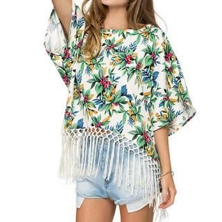 Richcoco Elbow-Sleeve Floral Fringed Top