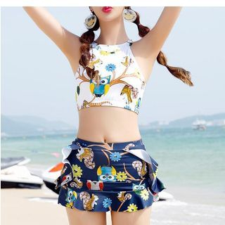 Jumei Set: Owl Print Bikini + Cover-Up Skirt