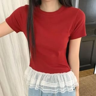 Short Sleeve Plain Lace Panel Slim-Fit Top