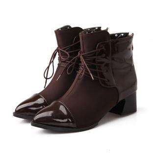 JY Shoes Patent Panel Pointy Heeled Short Boots