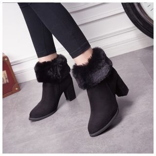 BAYO Furry Cuff Block Heel Ankle Boots