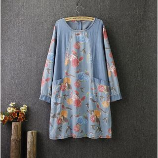 Blue Rose Long-Sleeve Floral Print Denim Dress