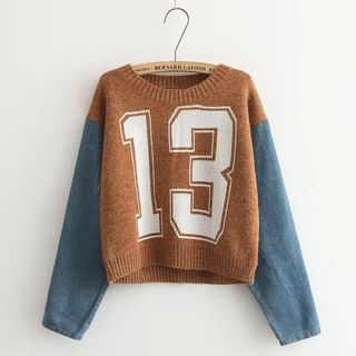 Aigan Denim-Sleeve Lettering Cropped Sweater