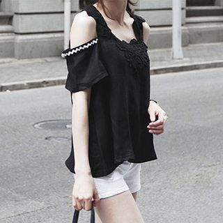 Fashion Street Lace Bib Short-Sleeve Cutout Shoulder Top