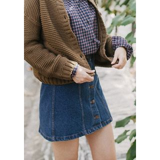 GOROKE Button-Front Denim Mini Skirt
