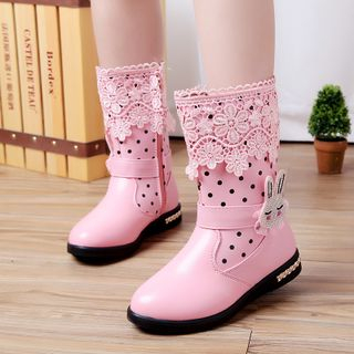 Shamrock Shoes Kids Genuine Leather Lace Panel Rabbit Mid-calf Boots