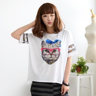 59 Seconds Short-Sleeved Beaded Cat Print T-Shirt