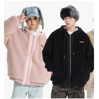 Couple Matching Plain Applique Zip Faux Shearling Hoodie