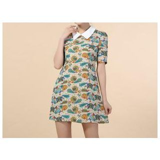 Strawberry Flower Short Sleeved Print Collared A Line Dress