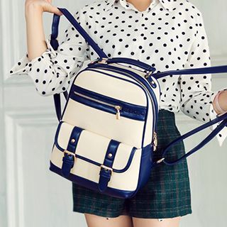BeiBaoBao Faux-Leather Contrast-Trim Belted Backpack