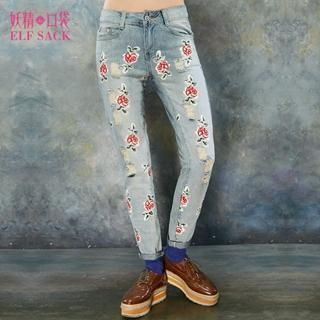 ELF SACK Floral Distressed Skinny Jeans